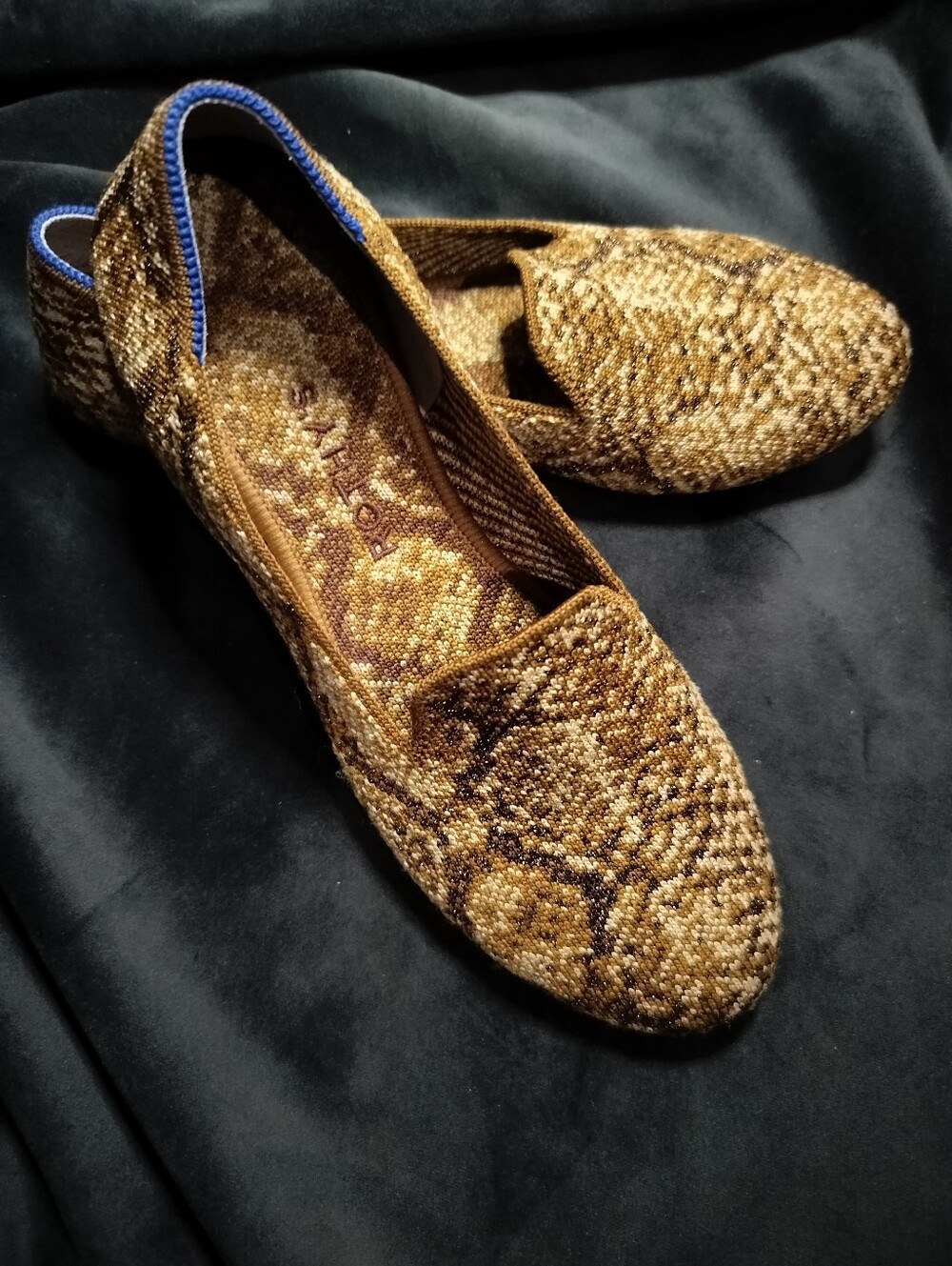 NEW Rothy's Gold Shimmer Snake Print Metallic Textured Slip-On Flats - 7.5